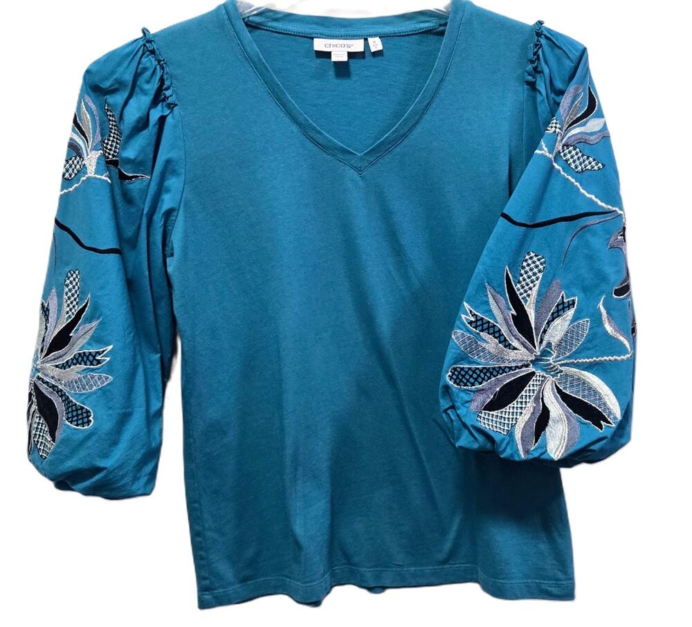 Chico's Women's Blue with Black & White Accents 3/4-Sleeve Pullover Shirt Size 0